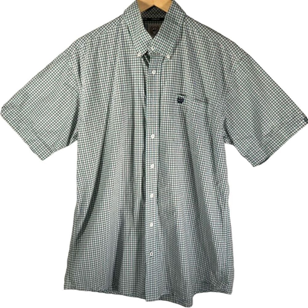 Cinch‎ Men's Medium Green Blue Checkered Short Sleeve Western Button-Up Shirt